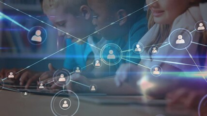 Poster - Animation of network of connections with icons over schoolchildren