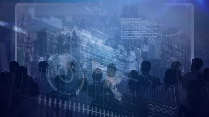 Poster - Animation of data processing over people looking at screen with cityscape