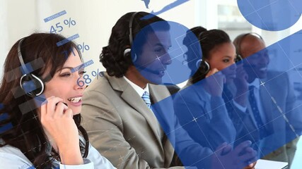 Poster - Animation of diverse customer care team with phone headsets and statistics