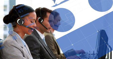 Poster - Animation of diverse customer care team with phone headsets and statistics