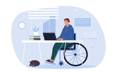 Poster - young disabled man in wheelchair working on laptop computer at home or office. handicapped businessm