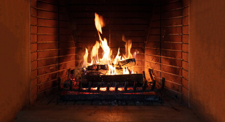 Canvas Print - Fireplace, fire burning, cozy warm fireside, christmas home.