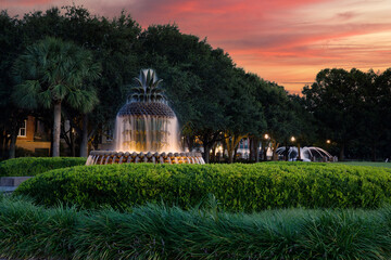 Wall Mural - Charleston pinapple fountain during sunset