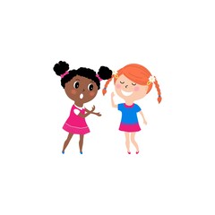 Vector illustration of two little girls talking, cartoon design isolated on white background