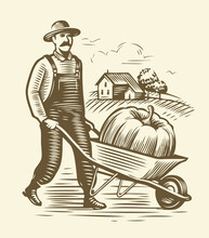 Farmer With Wheelbarrow Sketch. Agriculture, Farm Vintage Vector Illustration