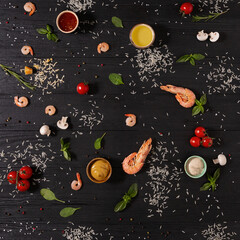  food on wooden table background top view pattern