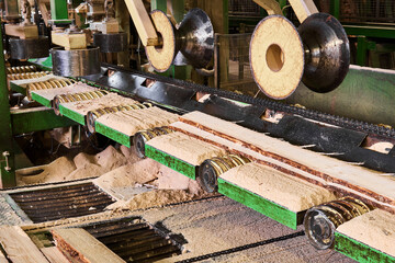 fragment of sawmill machinery inside a modern lumber mill