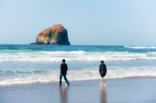 Two Boys Walking Towards Surf On Beach