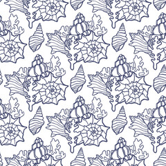 Wall Mural - Seamless pattern with seashells. Blue linear outlines of coral reef elements. Hand drawn repeating nautical texture. Graphic print for banners, brochures or fabric, beach theme.