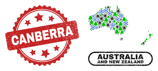 Vector Covid-2019 Christmas combination Australia and New Zealand map and Canberra dirty stamp imitation. Canberra stamp uses rosette shape and red color.