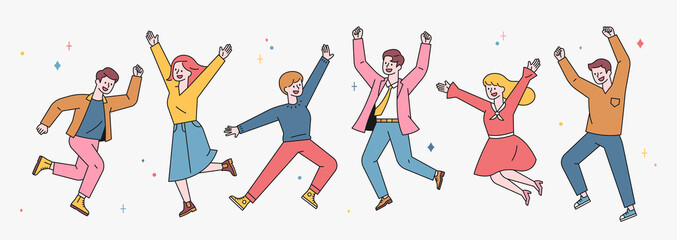 Fototapete - People are jumping with joyful expressions. A character with an outline of young adults in casual fashion. flat design style minimal vector illustration.