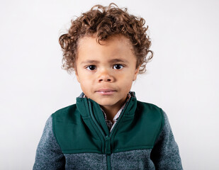 Indoor studio Portrait of a cute young mixed race child. Beautiful authentic little bi-racial boy expression isolated on a white background