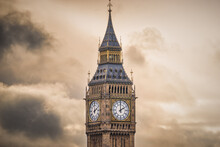 Elizabeth Clock Known As Big Ben With Cloudy Sky In London. England