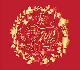 Wall Mural - Chinese Happy new year 2021. Year of the bull. Gold and red Greeting card , poster, emblem
