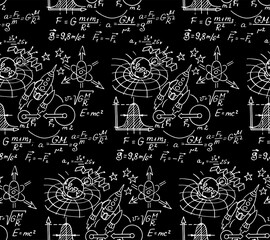 The law of force of gravity. Physical equations, formulas and outlines on blackboard. Vector hand-drawn illustration. Vintage scientific and educational seamless pattern.