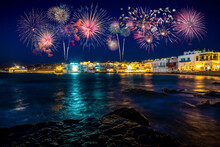 Fireworks Display At Little Venice District Of Mykonos Island At Night. Greece