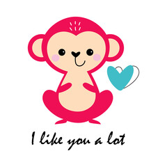 Poster - Cute Pink Monkey and Love Heart as Valentine Day Celebration Vector Illustration