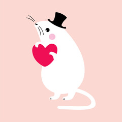 Poster - Little Mouse in Top Hat Holding Heart Shape as Valentine Day Celebration Vector Illustration