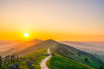 mam tor mountain at sunrise in peak district. united kingdom