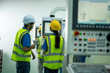 Wall Mural - factory engineer apprentices to use computerized lathe.