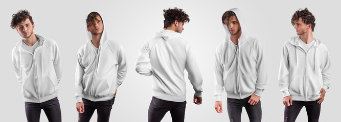 Wall Mural - Mockup of a white hoodie with a zipper, with a pocket, and ties on the hood, front, back, for presentation of design, print, pattern.