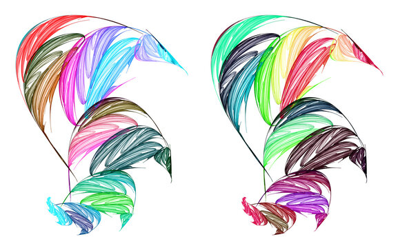 Abstract fractal curved plants with colorful leaves isolated on white background. Imitation of a drawing with colored pencils. Graphic design elements set. 3d rendering. 3d illustration.