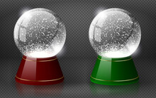 Red And Green Vector Snow Globe Empty Template Isolated On Transparent Background. Christmas Magic Ball. White Glass Ball Dome With Golden Lines On Stand. Winter Holiday Crystal, Snow Inside. Xmas Toy