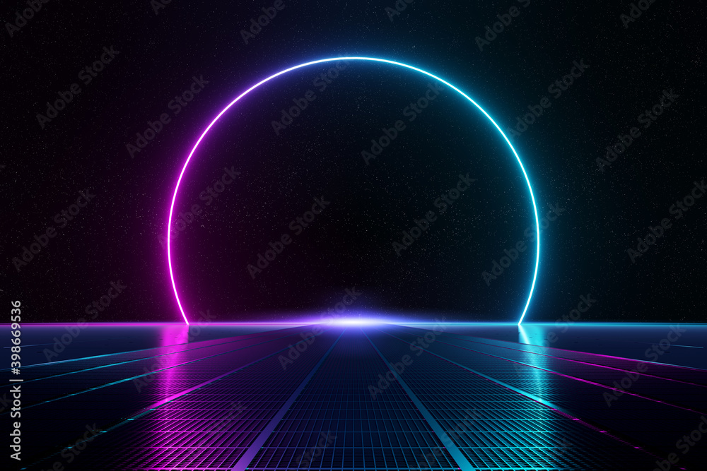 Abstract background pathway leading to blue and pink neon light circle reflecting on the floor 3D rendering - obrazy, fototapety, plakaty 