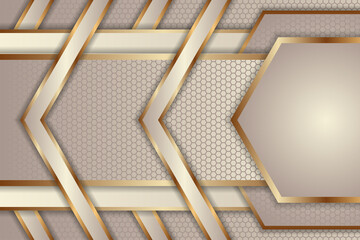 Poster - abstract geometric background use horizontal layout. soft brown and gold gradient colors combination. rectangle paper cut style with arrow and half hexagon element banner. line hexagon pattern.