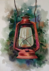 Hand drawn watercolor old oil lamp on the wall illustration Premium Vector