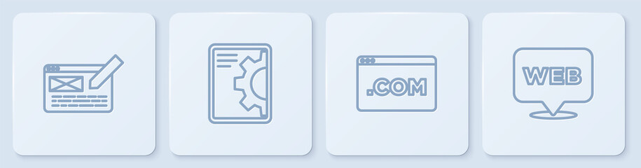 Set line UI or UX design, , Web development and and graphic. White square button. Vector.