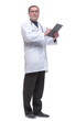 © ASDF - in full growth. doctor with a stethoscope taking notes in the clipboard.