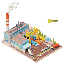 Vector Isometric Factory Building. Factory Or Plant Building Exterior. Industrial Facility. Gantry Crane, Smoking Chimney, Industrial Equipment, Loading Docks And Trucks. Isometric City Map Elements