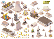 Vector Isometric Factory Buildings And Machinery Set. Factory Or Plant Buildings, Equipment, Pipes, Chimney, Tanks, Crane, Warehouse, Industrial Facilities. Isometric City Map Elements