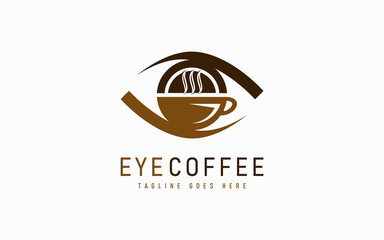 Poster - Eye Coffee Logo Design. Abstract Eye Combine with Coffee Cup Symbol, Usable For Usable For Business, Community, Industrial, Services Company. Flat Vector Logo Design Illustration.