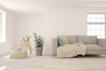 White living room with sofa. Scandinavian interior design. 3D illustration