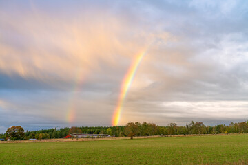 Canvas Print - Rainbow near greed meadow after rain 