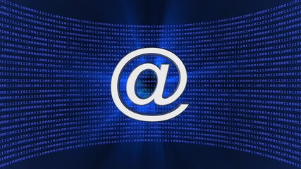 Poster - Abstract data flow motion background - rotating at sign in light effects in front of a virtual studio wall of random varying binary code in glowing royal blue