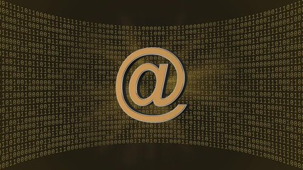 Poster - Abstract data flow motion background - rotating at sign in front of a virtual studio wall of random varying binary code in dark orange