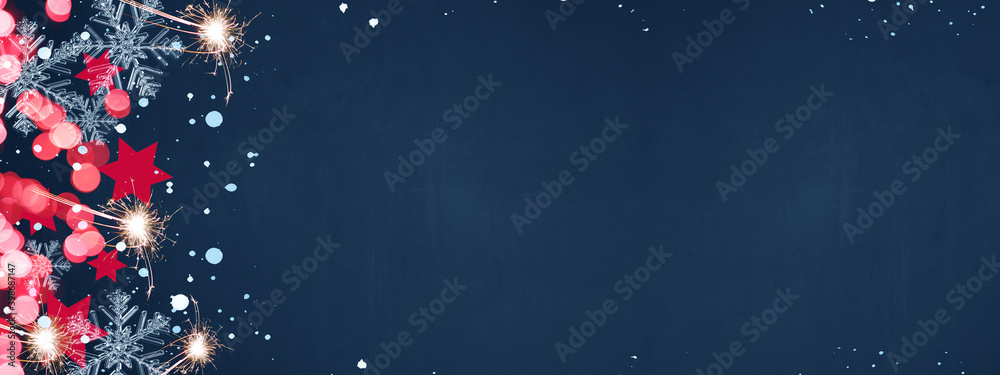 Christmas / Silvester / New Year background banner Panorama, card template - Red stars, ice crystals, snowy snowflakes, sparklers and bokeh, isolated on dark blue night texture	
 - obrazy, fototapety, plakaty 