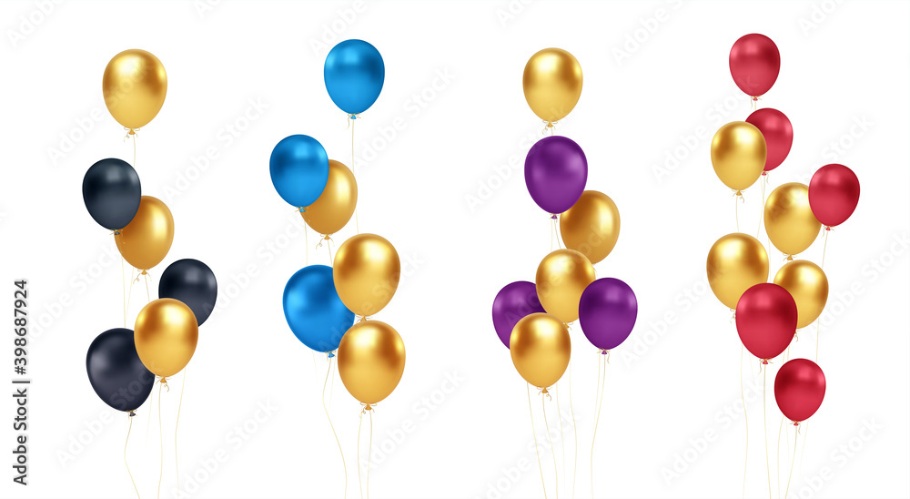 Set of festive bouquets of gold, blue, red, black and purple balloons isolated on white background. Vector illustration - obrazy, fototapety, plakaty 