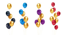 Set Of Festive Bouquets Of Gold, Blue, Red, Black And Purple Balloons Isolated On White Background. Vector Illustration