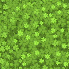 Wall Mural - Vector seamless clover tile irish shamrock falling leaves on green background. Pattren irish symbol Good Luck, Vector pattern for Saint Patrick's day background with clover leaves or shamrocks