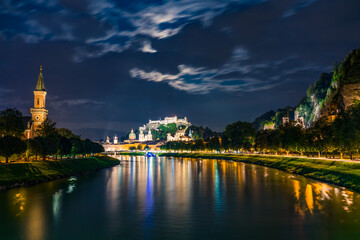 Sticker - Evening view of Salzburg skyline with Festung Hohensalzburg old town, Austria