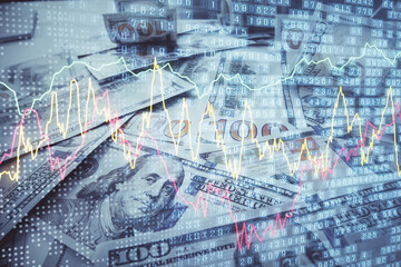 Aufkleber - Multi exposure of forex chart drawing over us dollars bill background. Concept of financial success markets.
