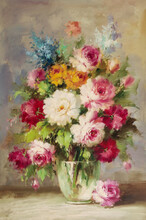 Still Life Vase Of Flowers. Oil Painting Picture