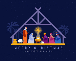 merry christmas - nightly christmas scenery mary joseph in a manger with baby jesus and three wise m