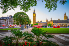 Big Ben In Beautiful Morning Colours Seen From Parliament Square In London.  England 