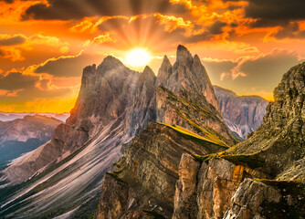 Canvas Print - Amazing sunset view of Seceda peak. Trentino Alto Adige, Dolomites Alps, South Tyrol, Italy, Europe