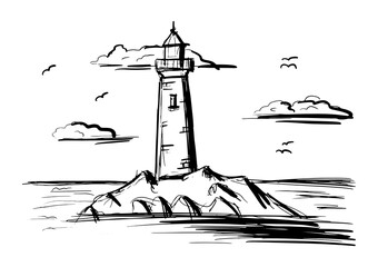 Wall Mural - A lighthouse on a rocky shore. Hand drawn sketch. Vintage style. Black and white vector illustration isolated on white background.